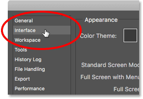 Open Interface preferences in Photoshop.