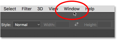 فئة Window في شريط القوائم في Photoshop.