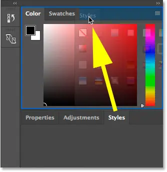 Drag the Styles panel into the Color and Swatches panel group in Photoshop.