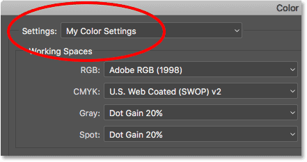 Photoshop использует созданные нами пользовательские предустановленные настройки цвета.