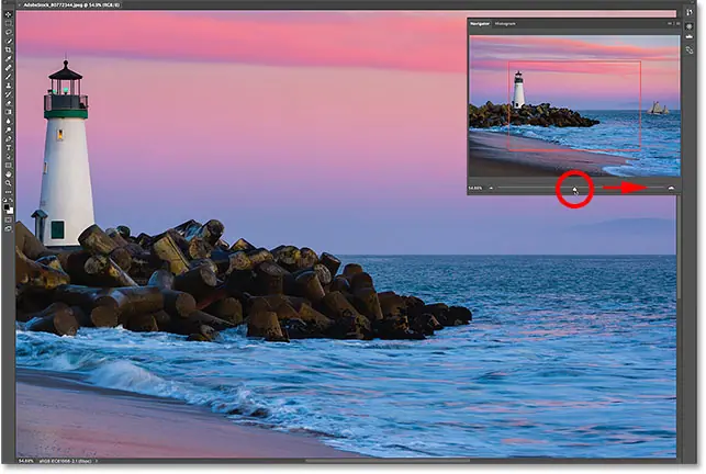 Cambie el nivel de zoom de la imagen usando el control deslizante en el panel Navegador