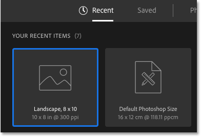 La lista de archivos recientes en Photoshop muestra el tamaño del documento anterior