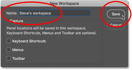 مربع حوار New Workspace في Photoshop.