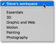 The custom workspace is now included in the built-in Photoshop workspaces.