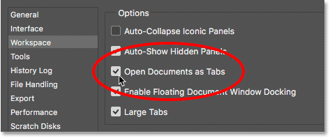 Option to open documents as tabs in Photoshop preferences.