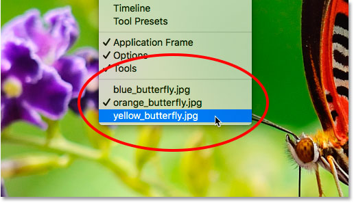 تظهر قائمة بالمستندات المفتوحة في قائمة Window في Photoshop.