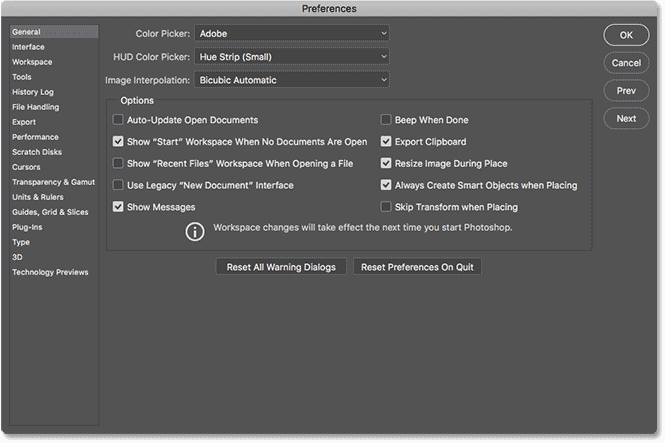General options in the Photoshop CC preferences dialog box.