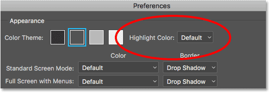 Highlight Color option in Interface preferences in Photoshop CC.
