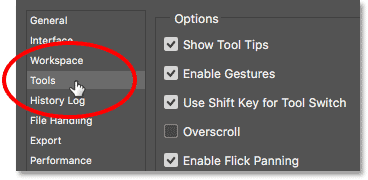 Open Tools preferences in Photoshop.