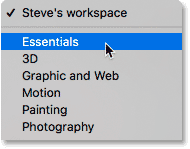 Choisissez l'espace de travail Essentials par défaut dans Photoshop.