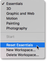 اختيار خيار Reset Essentials في Photoshop CC.