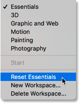 إعادة تعيين مساحة عمل Essentials في Photoshop.