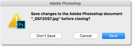 Photoshop asks if you want to save your work before closing the image.
