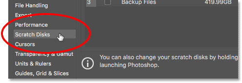 Open the Scratch Disks preferences in Photoshop.