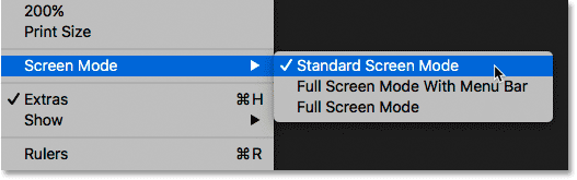 عرض أوضاع الشاشة من قائمة العرض في Photoshop.