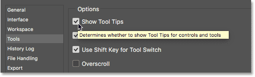A tooltip describing an option in Photoshop.