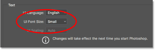 UI Font Size option in Interface Preferences in Photoshop.