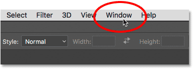 فتح قائمة Window في شريط قوائم Photoshop CC.