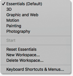 Liste des espaces de travail Photoshop dans le menu Fenêtre.