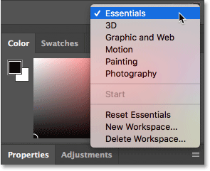 Lista de espacios de trabajo de Photoshop después de hacer clic en el icono del espacio de trabajo.