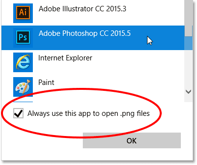 Setting Photoshop as the new default application for opening PNG files.