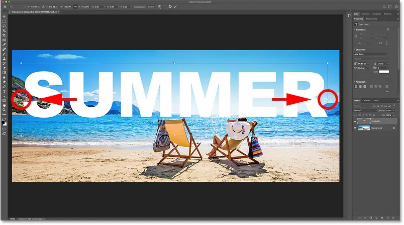 Drag the Free Transform handles to resize text in Photoshop