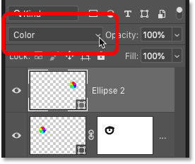 Changez le mode de fusion de la deuxième forme en Couleur dans le panneau Calques de Photoshop