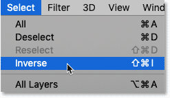 Choosing the Inverse command from Photoshop's Select menu