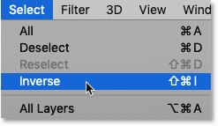 اختيار الأمر Inverse من قائمة Select في Photoshop