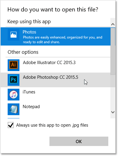 Choosing Photoshop as the new default application for opening JPEG files. Image © 2016. Photoshop Essentials.com