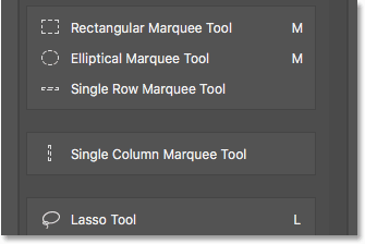 أصبحت أداة Single Column Marquee Tool منفصلة الآن عن المجموعة. 
