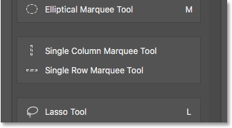 أداة Single Column Marquee Tool هي الآن الأداة الافتراضية في المجموعة. 