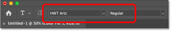 Выберите шрифт на панели параметров Photoshop.