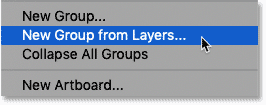 اختيار أمر New Group from Layers في قائمة لوحة Layers في Photoshop