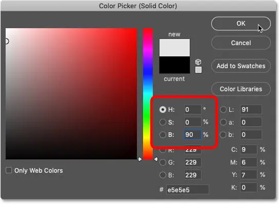 ضبط H على 0 و S إلى 0 و B على 90 بالمائة في Color Picker في Photoshop