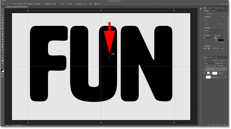 Перетаскивание внутри поля преобразования, чтобы изменить положение текста в документе Photoshop.