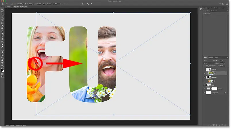 Измените размер и переместите второе изображение внутри буквы с помощью команды «Свободное трансформирование» в Photoshop.