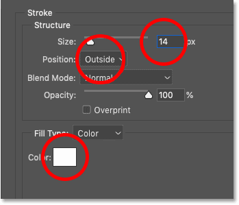 ضبط خيارات Stroke في شاشة Layer Style في Photoshop