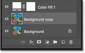 Слой «Фоновая копия» появляется над исходным фоновым слоем на панели «Слои».