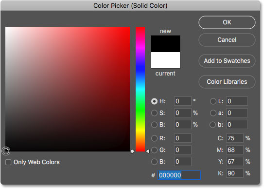 اختيار اللون الأسود في Color Picker كلون خلفية جديدة للصورة في تأثير النص