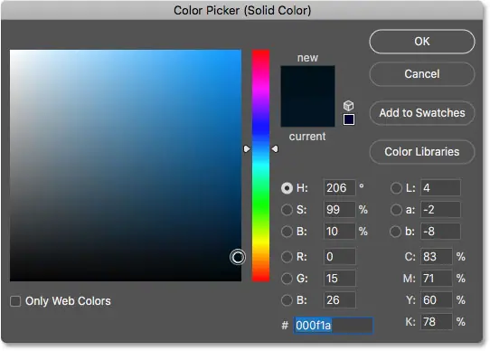 اختيار ظل أغمق للون الأزرق الذي تم اختبار عيّنته في Color Picker