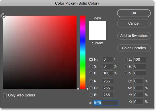 اختيار الأبيض في Color Picker في Photoshop