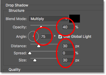 ضبط خيارات Drop Shadow في شاشة Layer Style