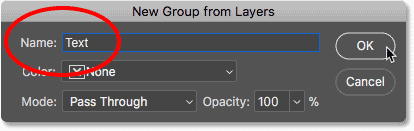 Name the new layer group "Text" in Photoshop