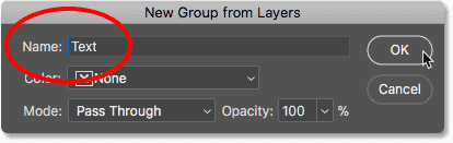 Benennen Sie die neue Ebenengruppe in Photoshop „Text“.