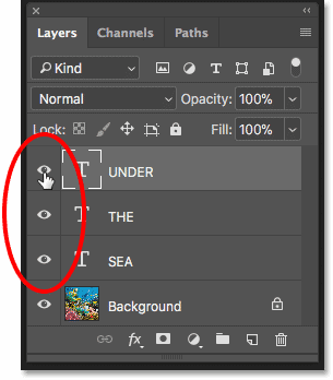 Turn on three type layers in the Layers panel in Photoshop