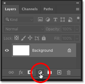Clicking the New Fill or Adjustment Layer icon in the Layers panel in Photoshop