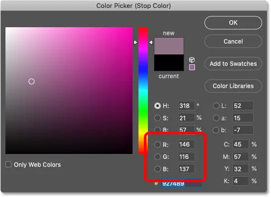 Verwenden Sie den Farbwähler in Photoshop, um die schwarze Farbe in einem Farbverlauf zu ersetzen