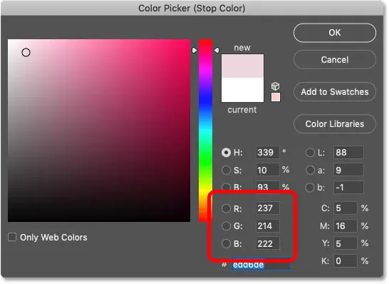 Используйте палитру цветов в Photoshop, чтобы заменить белый цвет в градиенте.