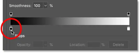 Double-clicking the black color stops to change the color in Photoshop's Gradient Editor